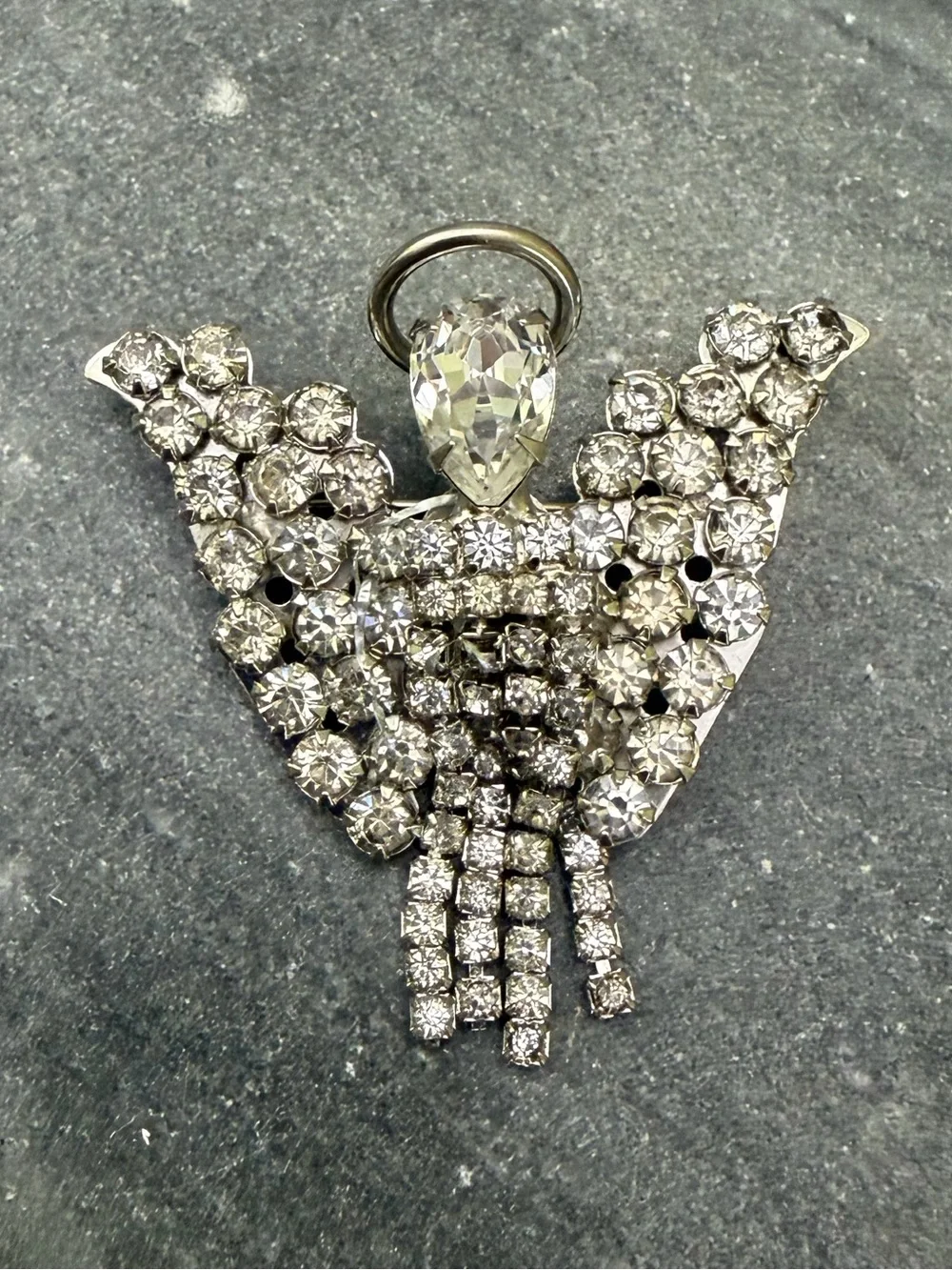 Vintage Warner Crystal Silver Angel Articulated Brooch